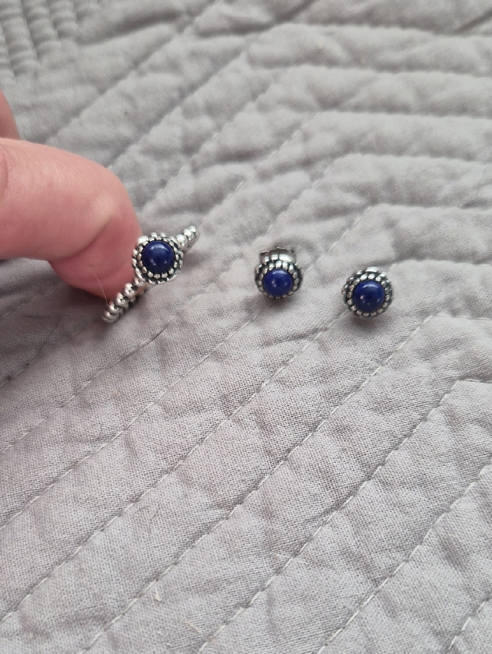 Pandora Silver Beaded Ring and Stud Earrings with Blue Cabochons Size 8